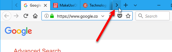 15 consejos imprescindibles para usuarios avanzados sobre pestañas de Firefox 03 Haga clic en la flecha derecha de la barra de pestañas