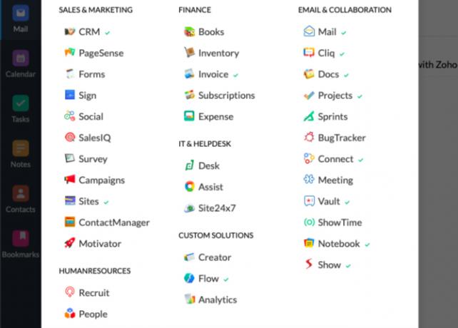 Vista de cuadrícula de todas las aplicaciones de Zoho