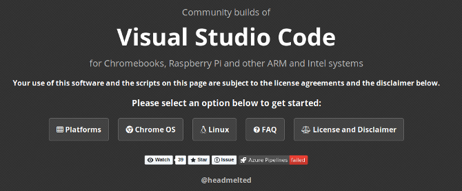 Imagen del sitio Headmelted para compilaciones de Linux y Chromebook de VS Code