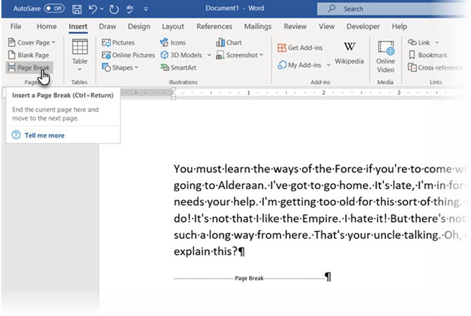 Microsoft Word con el botón Salto de página