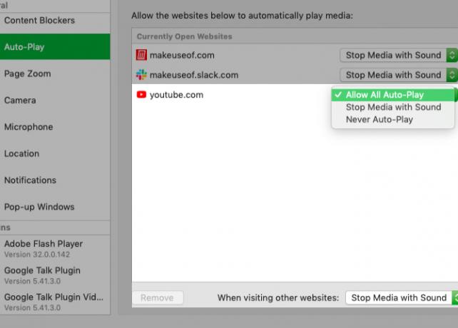 personalizar la configuración de reproducción automática para YouTube en las preferencias de Safari en Mac