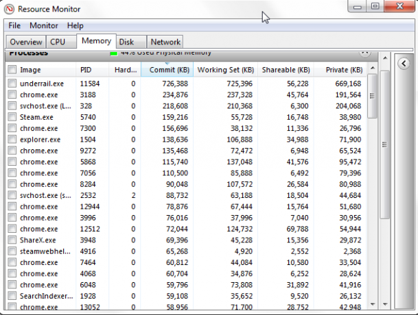 Monitor de recursos de Windows 7