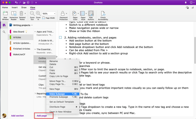 agregar páginas y crear subpáginas en OneNote