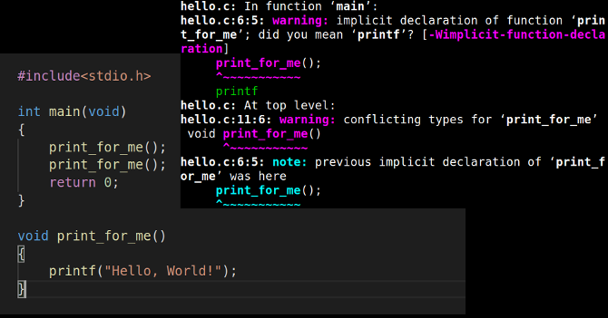 Imagen compuesta que muestra código sin prototipo y la advertencia que da el compilador de c