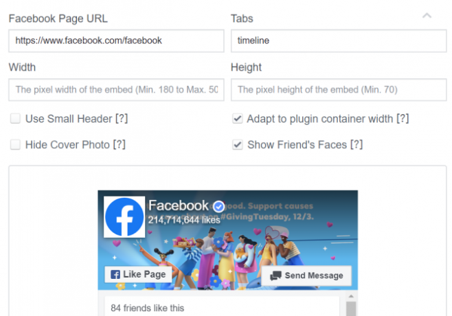 Complemento de página de widgets de Facebook