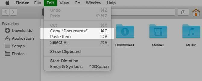 Copiar y pegar opciones de menú en Finder en Mac