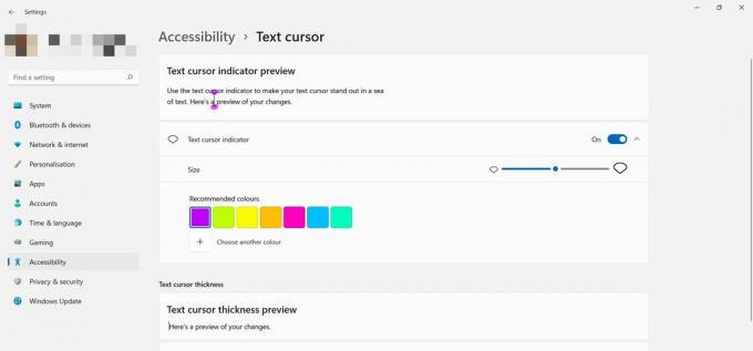 captura de pantalla de la página de configuración del cursor de texto de Windows 11