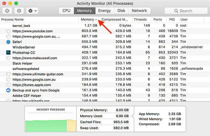 Monitor de actividad Uso de memoria Mac