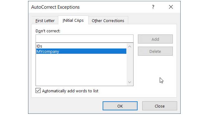 Windows de excepciones de autocorrección