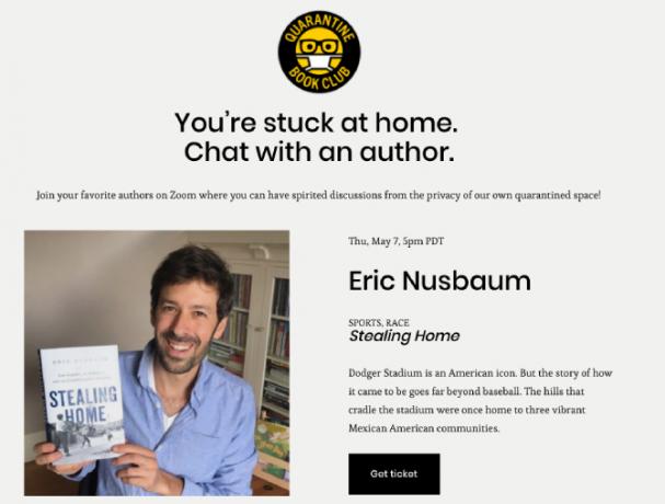 Quarantine Book Club es como un evento virtual de visitas guiadas en el que los autores interactúan con los lectores y responden preguntas sobre su libro.