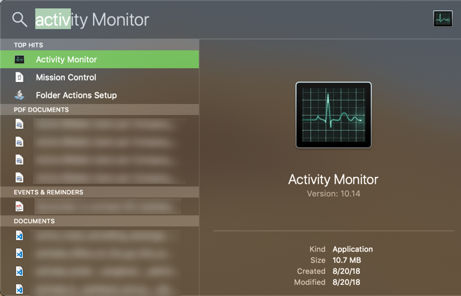 Monitor de actividad de Mac Spotlight