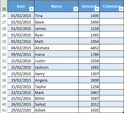 Tabla de Excel DateAmount