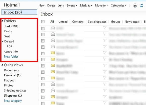 Realice una revisión completa de su bandeja de entrada de Hotmail y manténgala 17 carpetas de vista de la bandeja de entrada