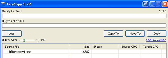 Esta es una captura de pantalla de uno de los mejores programas de Windows para copiar archivos. Se llama TeraCopy.