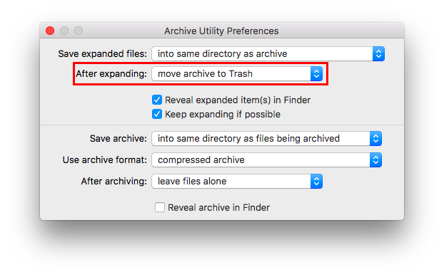 Cómo eliminar automáticamente archivos ZIP después de la extracción en la preferencia de la utilidad de archivo de Mac