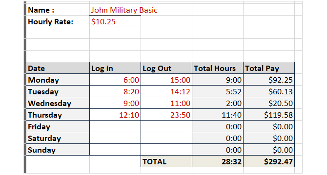 plantilla de hoja de tiempo seguimiento de horas tiempo militar sin interrupciones sobresalir