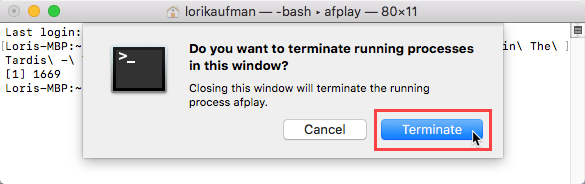 Haga clic en Terminar para un proceso en una ventana de Terminal en Mac