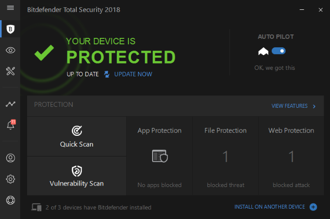 Pantalla principal de Bitdefender 2018