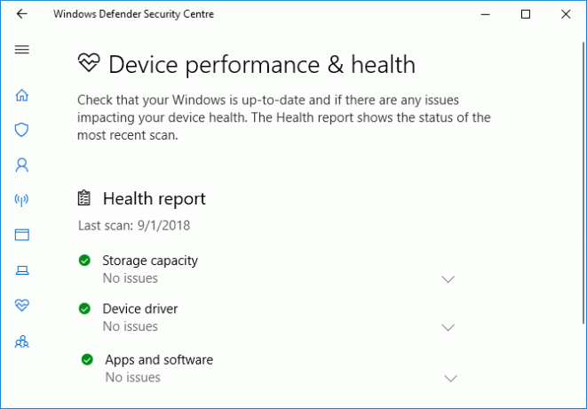 Rendimiento y estado del dispositivo Windows Defender