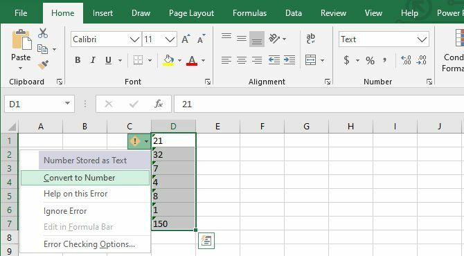 Convierta el texto en número utilizando la advertencia que se muestra en las celdas de Excel.