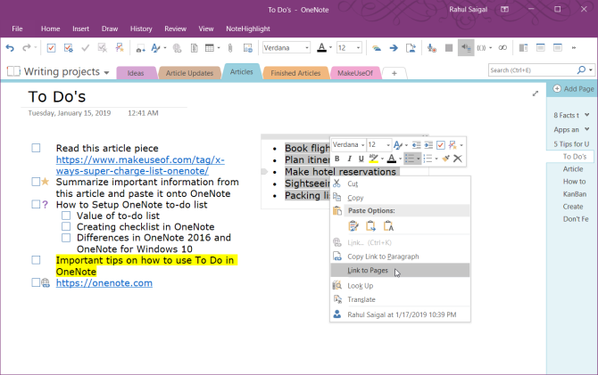 enlace a páginas en OneNote 2016