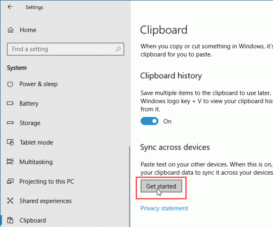 Haga clic en Comenzar en Sincronizar en todos los dispositivos para el portapapeles de Windows 10
