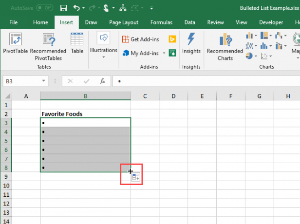 Use Autocompletar en Excel para copiar y pegar viñetas