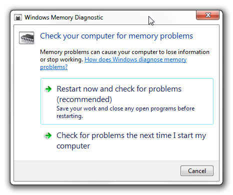 Opciones de diagnóstico de memoria de Windows