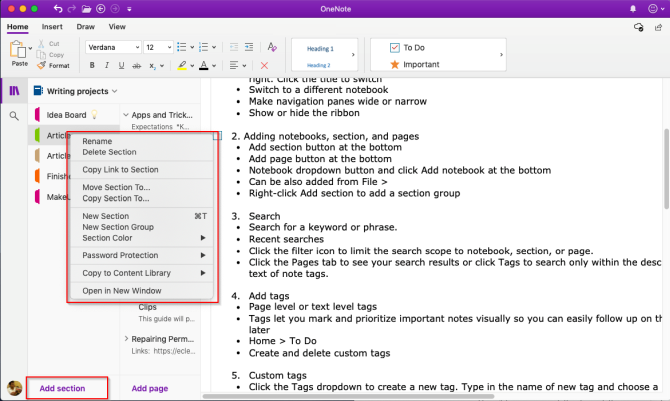 agregar sección a OneNote Mac