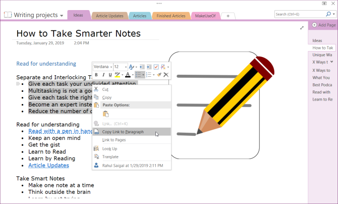 copiar enlace al párrafo en OneNote