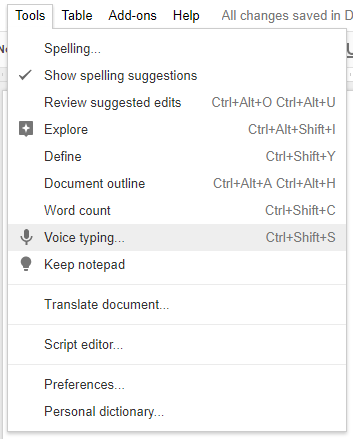 Escritura de voz de Google Docs: un arma secreta para la productividad menú de escritura de voz de Google Docs