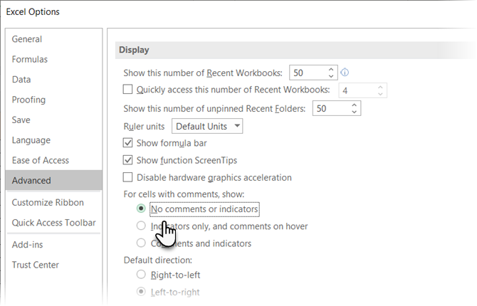 Ocultar comentarios e indicadores en Excel