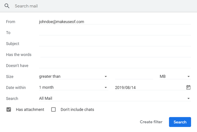 Cuadro de búsqueda avanzada en Gmail